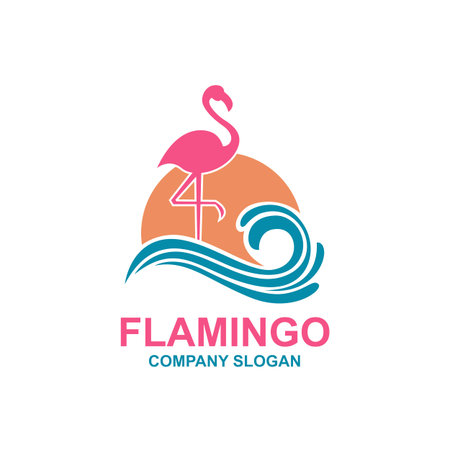 Pink flamingo emblem with sun and wavesのイラスト素材