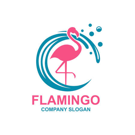 Pink flamingo emblem with sun and wavesのイラスト素材