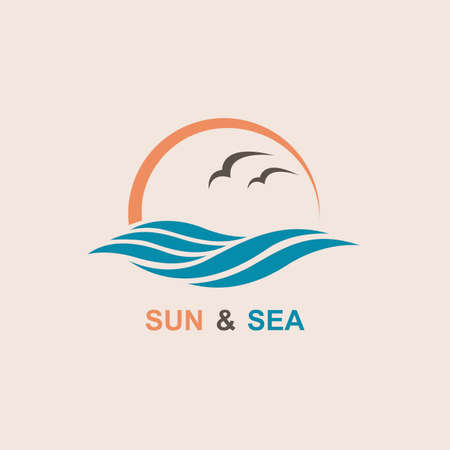 logo of the sun, waves and seagullsのイラスト素材