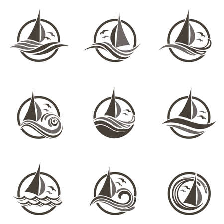 Icon collection of sailing yacht and ocean waves with seagulls.のイラスト素材