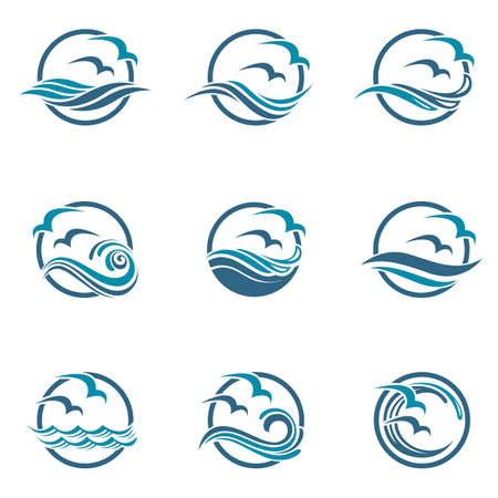 Collection of seagull icons with sea waves.のイラスト素材