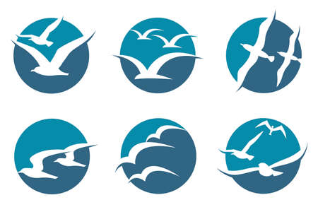 Collection of icon with flying seagull silhouettes.のイラスト素材