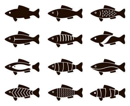 collection of black fish icon isolated on plain backgroundのイラスト素材