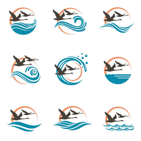 abstract icon collection with swans, sun and wavesのイラスト素材
