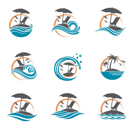 emblems collection of summer vacation with reclining chair and umbrella on islandのイラスト素材