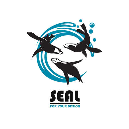 emblem of sea seal silhouette with water splashのイラスト素材