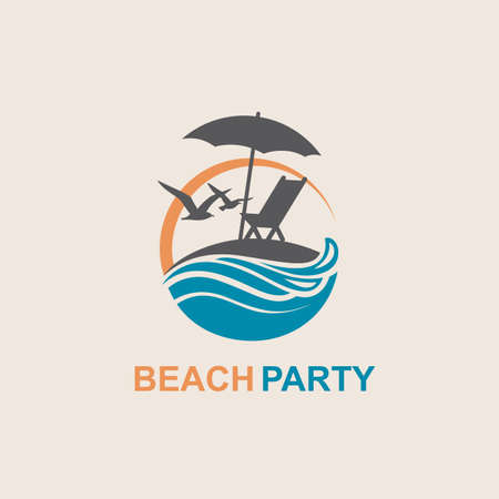 emblem of summer vacation with reclining chair and umbrella on islandのイラスト素材