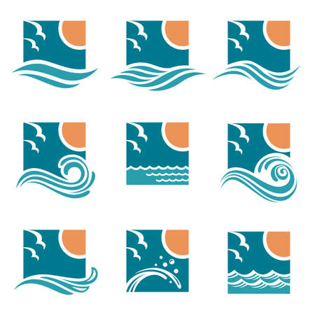 collection of ocean emblems with waves, sun and seagullsのイラスト素材