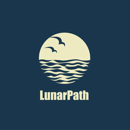abstract design of ocean logo with moon, waves and seagullsのイラスト素材