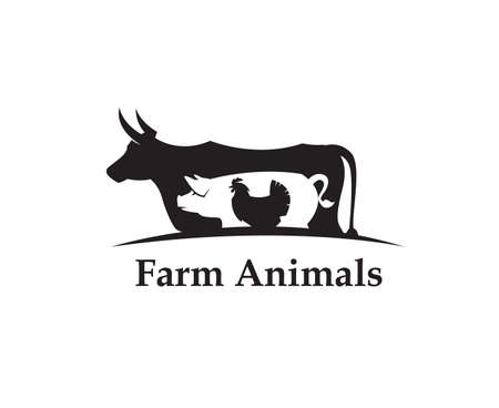 Monochrome label of farm animals cow, pig and chickenのイラスト素材