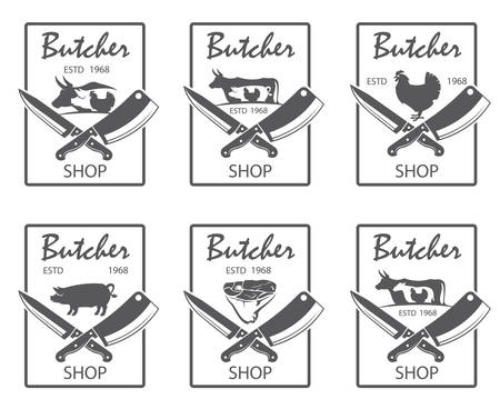 Collection of monochrome butcher shop emblems with kitchen crossed knives, pig, sheep, cow and chickenのイラスト素材