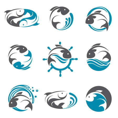 Collection of abstract fish icon with wavesのイラスト素材