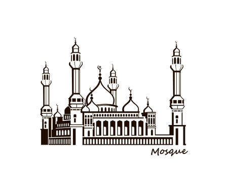 black illustration of islamic mosque building isolated on white backgroundのイラスト素材