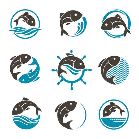 collection of abstract fish icon with wavesのイラスト素材