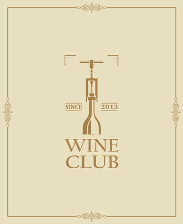 wine club emblem with bottle and corkscrewのイラスト素材