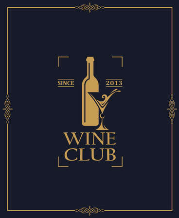 wine club emblem with bottle and glassのイラスト素材