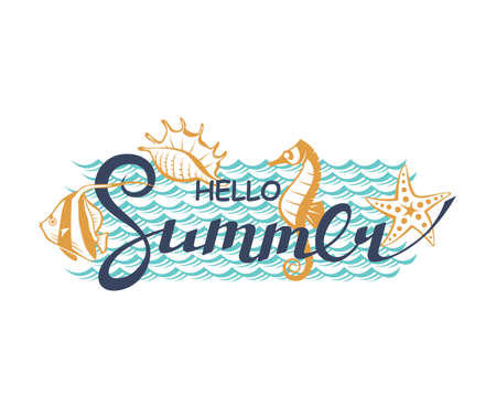 hello summer lettering with seaのイラスト素材