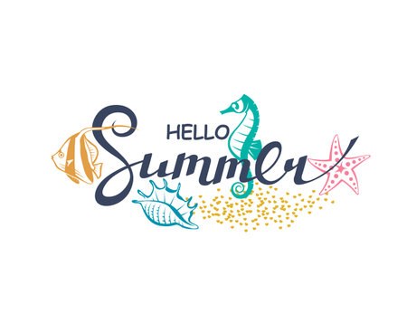 hello summer lettering with sea