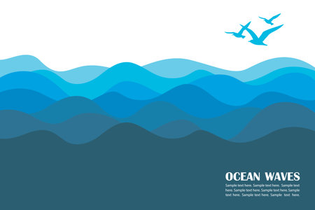 blue ocean waves and seagullsのイラスト素材