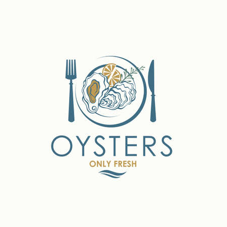 label of fresh oyster shell and lemon on plateのイラスト素材