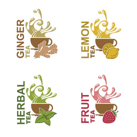 collection of cup with ginger, lemon, herbal and fruit teaのイラスト素材