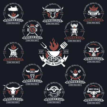 collection of barbecue icon isolated on dark backgroundのイラスト素材