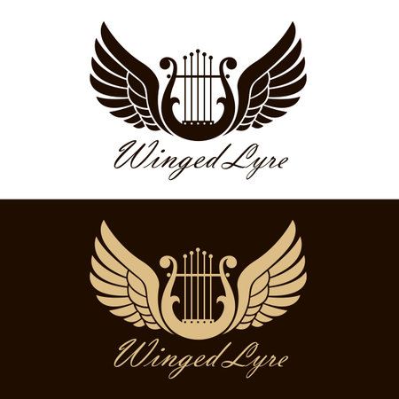 ancient winged lyre icons set isolatedのイラスト素材