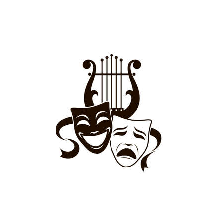illustration of theatrical masks and lyre isolated on white backgroundのイラスト素材