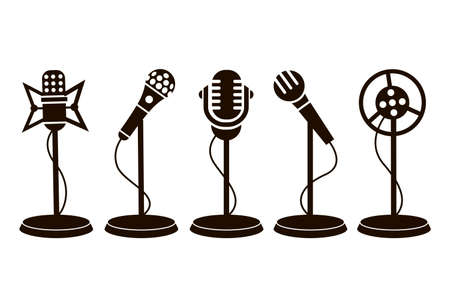 collection of black retro microphone icon isolated on white backgroundのイラスト素材