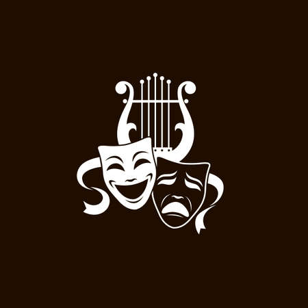 illustration of theatrical masks and lyre isolated on black backgroundのイラスト素材