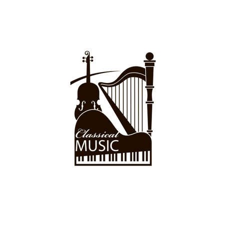 monochrome classical concert emblem with piano, harp and violinのイラスト素材