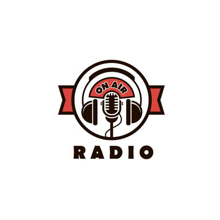 retro microphone and headphones emblem isolated on white backgroundのイラスト素材