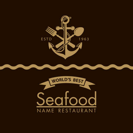 seafood menu design with anchor, spoon and fork on black backgroundのイラスト素材