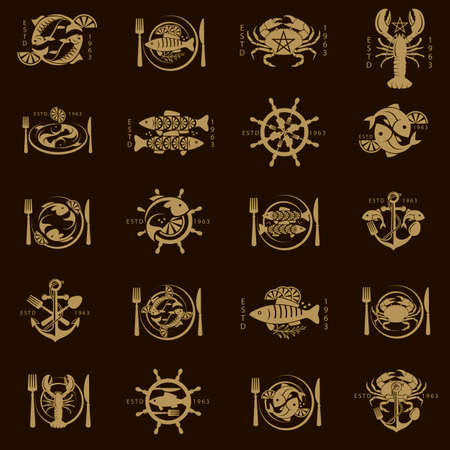 collection of seafood menu design with fish, crab and lobster on black backgroundのイラスト素材