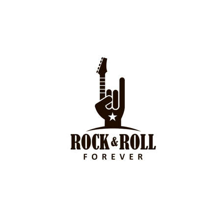 hand as symbol of rock music with electric guitar isolated on white backgroundのイラスト素材