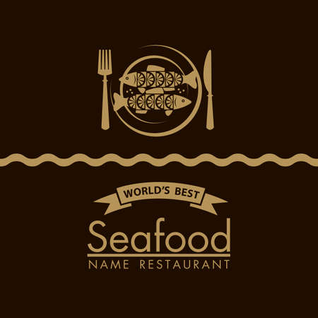seafood menu design with fish and plate on black backgroundのイラスト素材