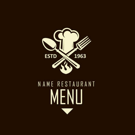 monochrome illustrations of crossed spoon, fork and chef hat isolated on black backgroundのイラスト素材