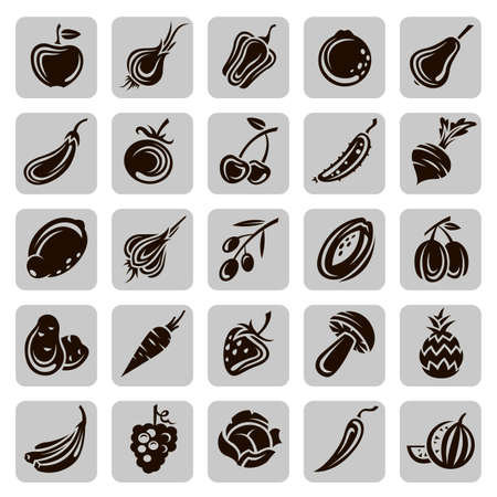 collection of various black fruits and vegetables icons isolated on gray backgroundのイラスト素材