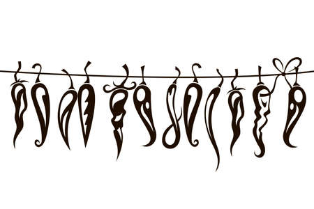 collection of red hot chili peppers in cord isolated on white backgroundのイラスト素材