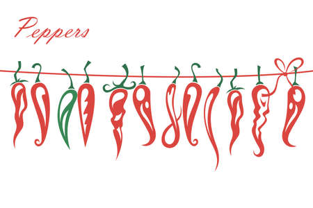 collection of red hot chili peppers in cord isolated on white backgroundのイラスト素材