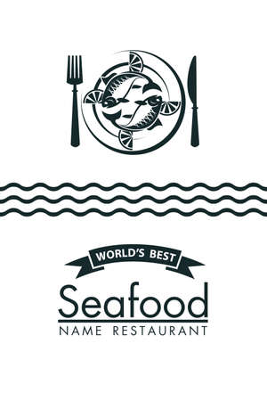 seafood menu design with fish and plate on white backgroundのイラスト素材