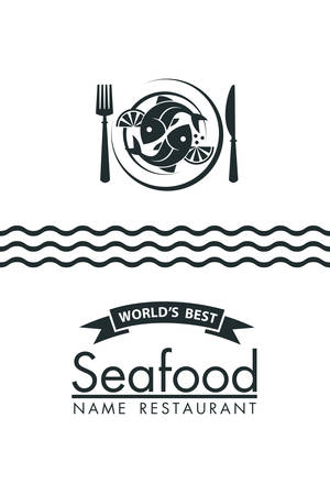 seafood menu design with fish and plate on white backgroundのイラスト素材