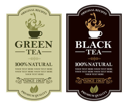 collection of green and black tea labels with cupのイラスト素材