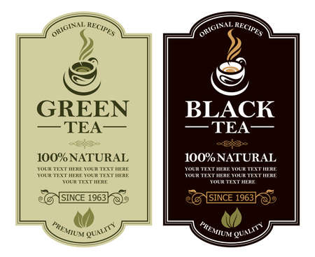 collection of green and black tea labels with cupのイラスト素材