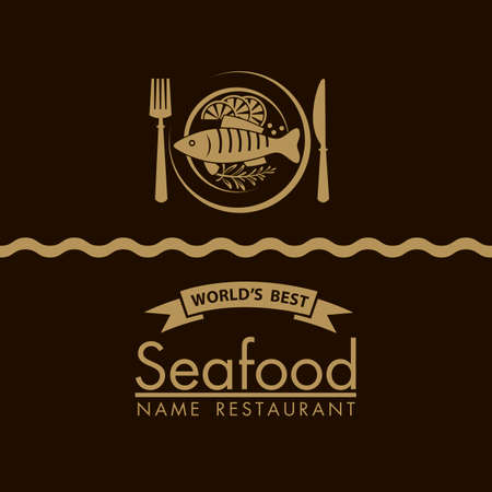 seafood menu design with fish and plate on black backgroundのイラスト素材