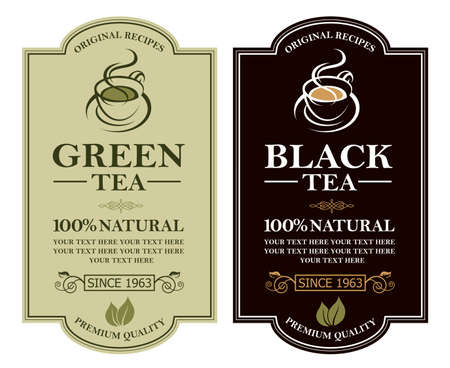 collection of green and black tea labels with cupのイラスト素材