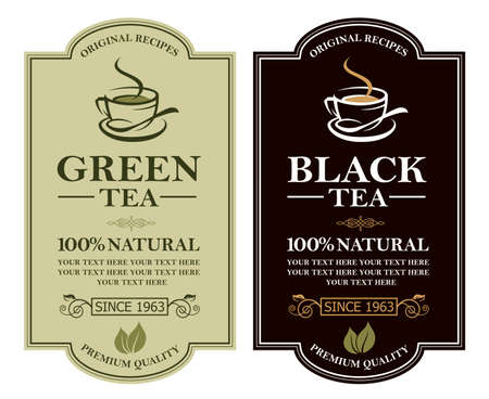 collection of green and black tea labels with cupのイラスト素材