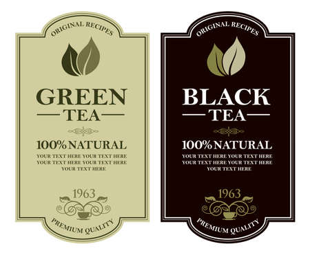 collection of green and black tea labels with leaves and cupのイラスト素材