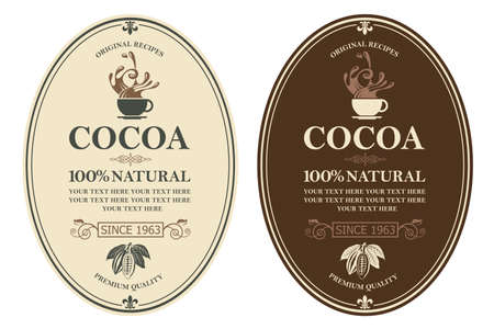collection of labels with cocoa beans, branch and leavesのイラスト素材