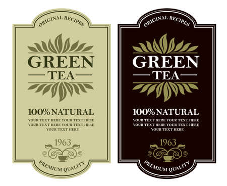 collection of green and black tea labels with leaves and cupのイラスト素材